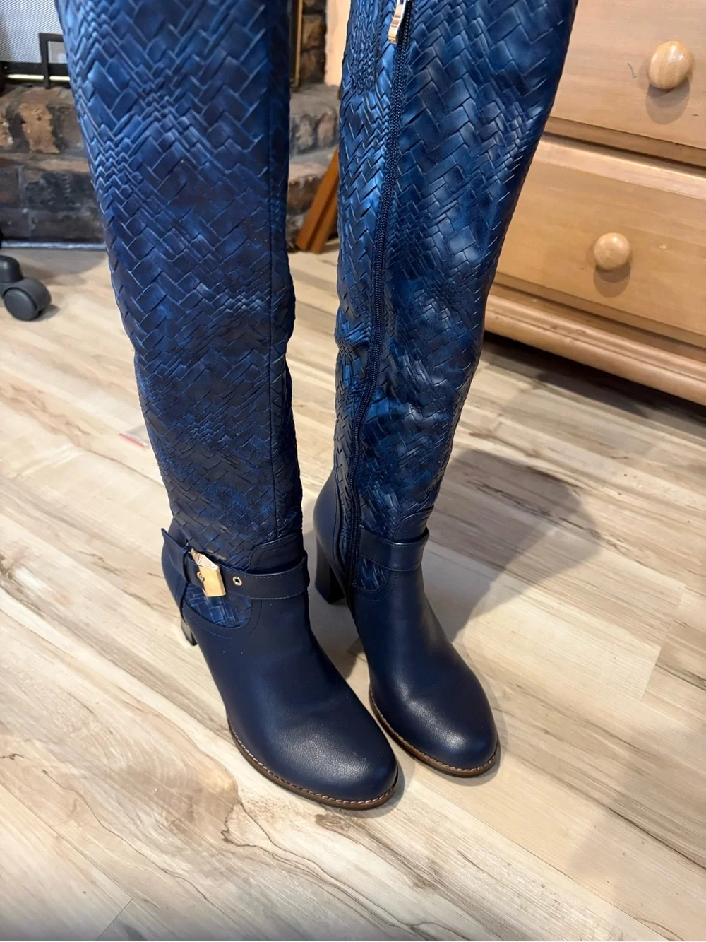 Woven Knee-High Riding Boots - Navy